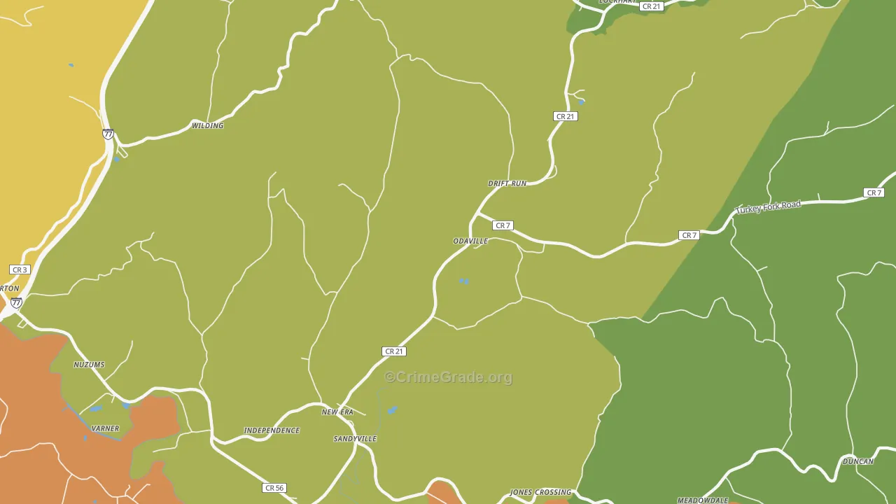Odaville, WV Map of Burglary Rates