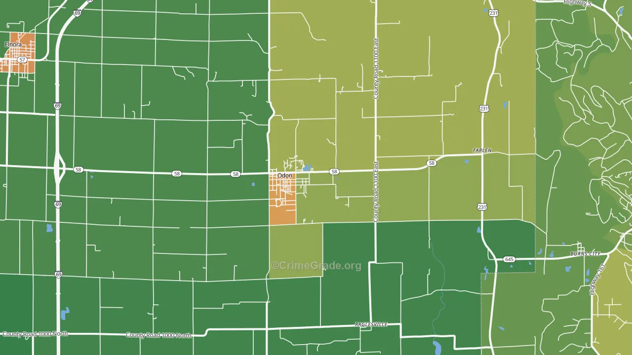 Odon, IN Map of Burglary Rates