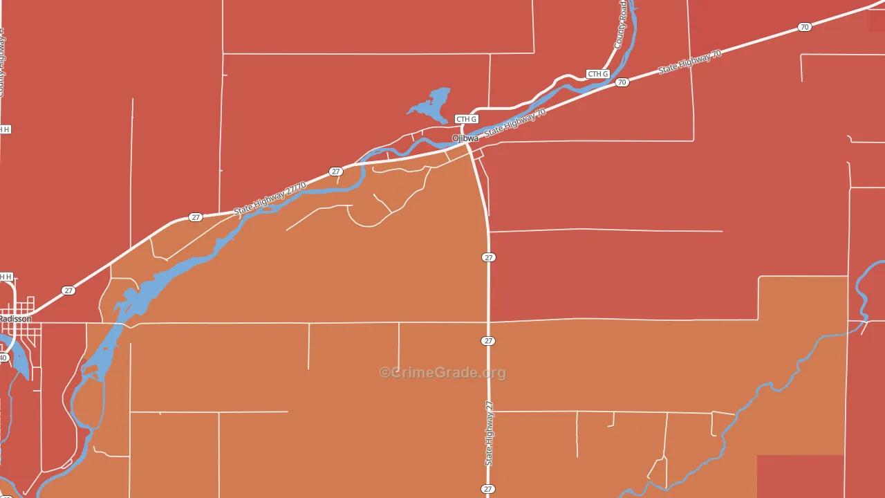 Ojibwa, WI Map of Burglary Rates