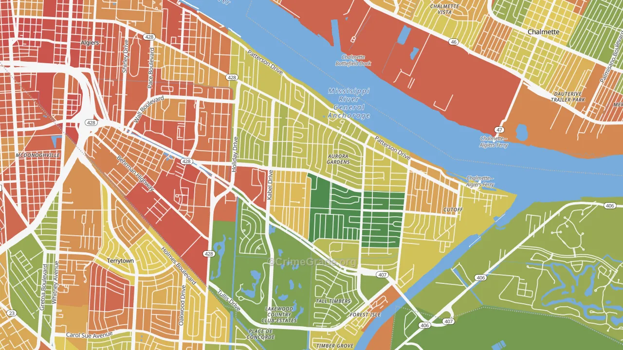 Old Aurora, New Orleans, LA Map of Burglary Rates