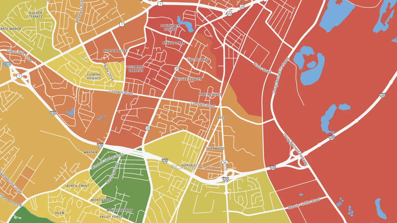 Old Savannah, Augusta, GA Map of Burglary Rates