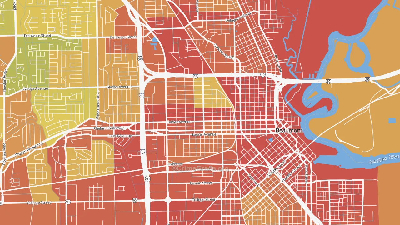 Old Town, Beaumont, TX Map of Burglary Rates