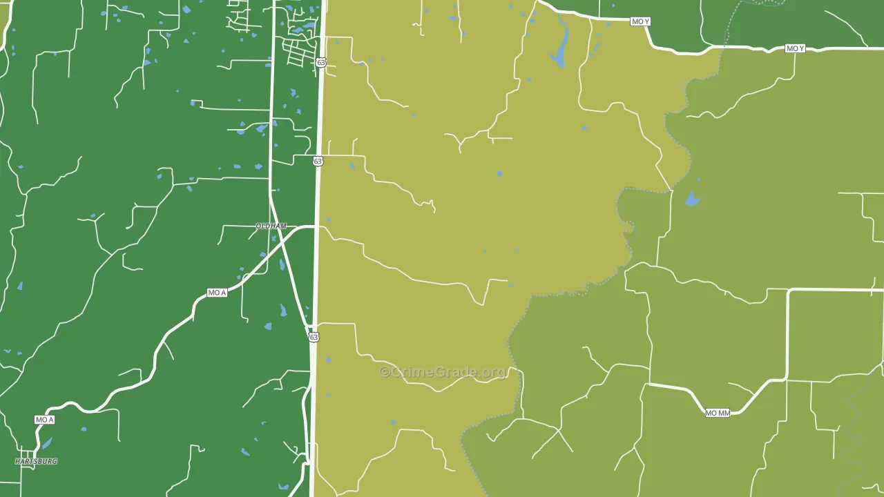Oldham, MO Map of Burglary Rates