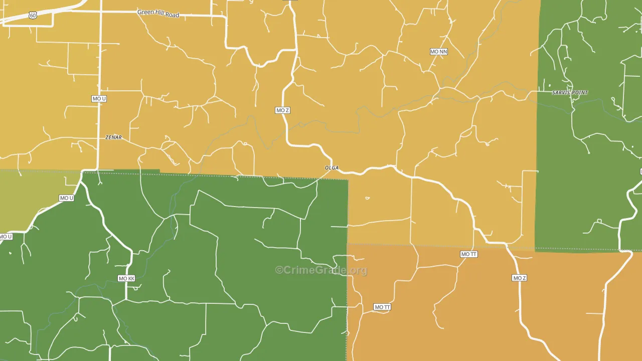 Olga, MO Map of Burglary Rates