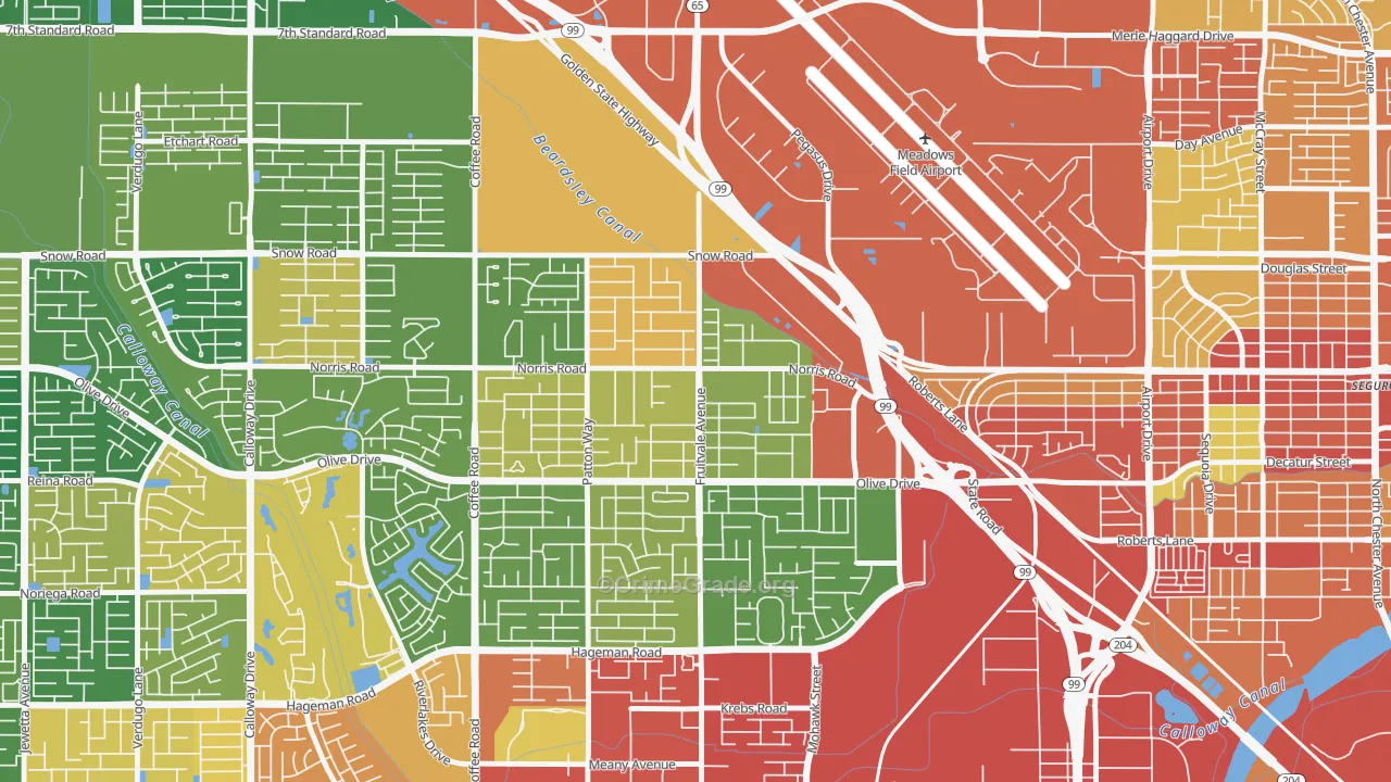 Olive Drive Area, Bakersfield, CA Map of Burglary Rates