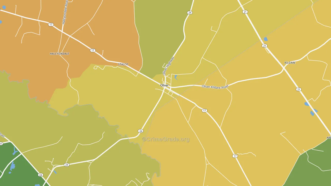 Oliver, GA Map of Burglary Rates
