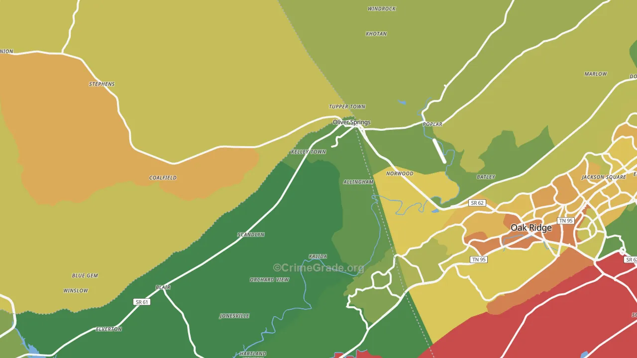 Oliver Springs, TN Map of Burglary Rates