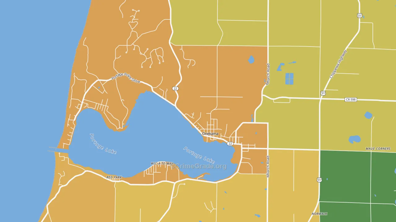 Onekama, MI Map of Burglary Rates