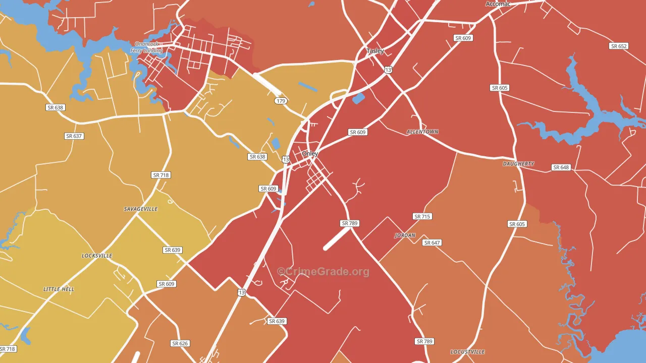 Onley, VA Map of Burglary Rates
