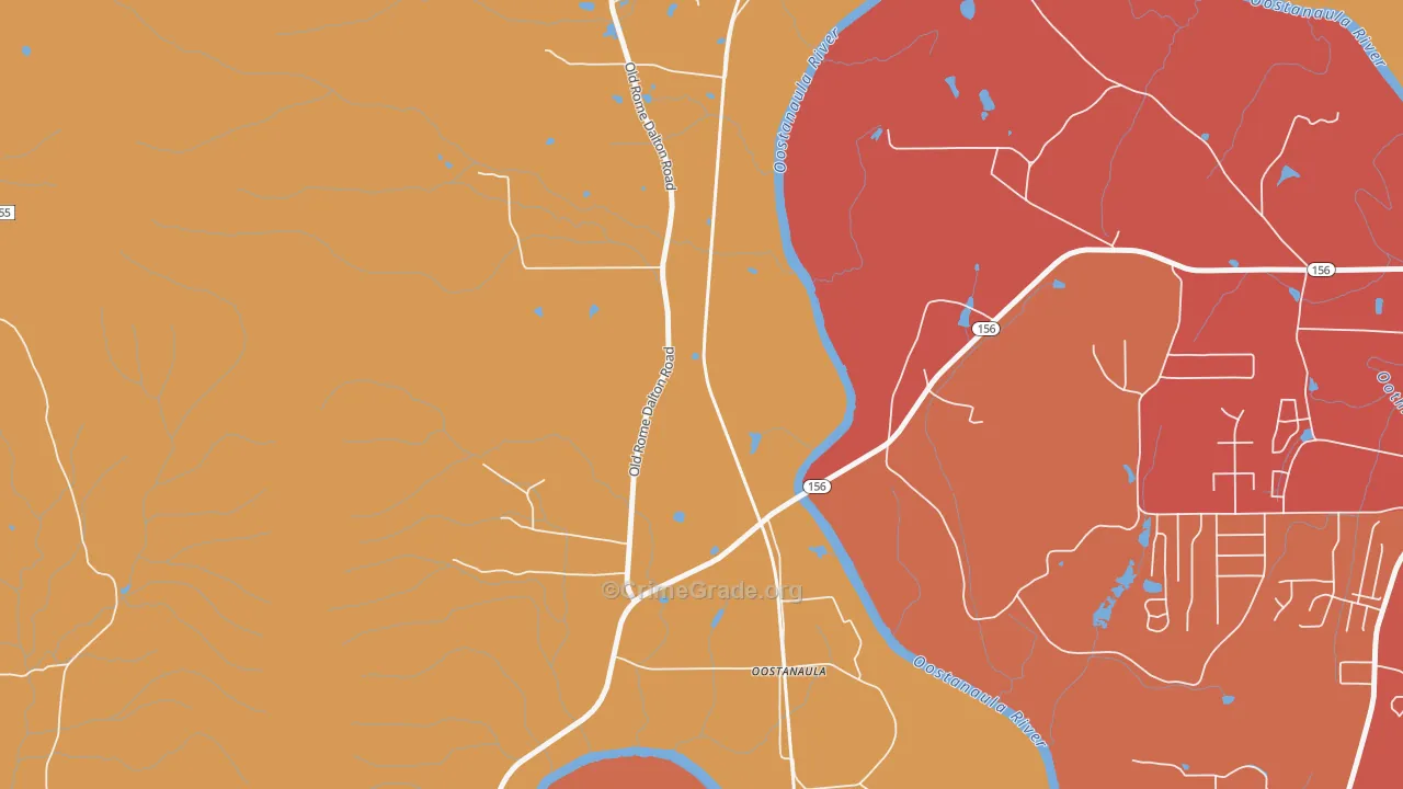 Oostanaula, GA Map of Burglary Rates