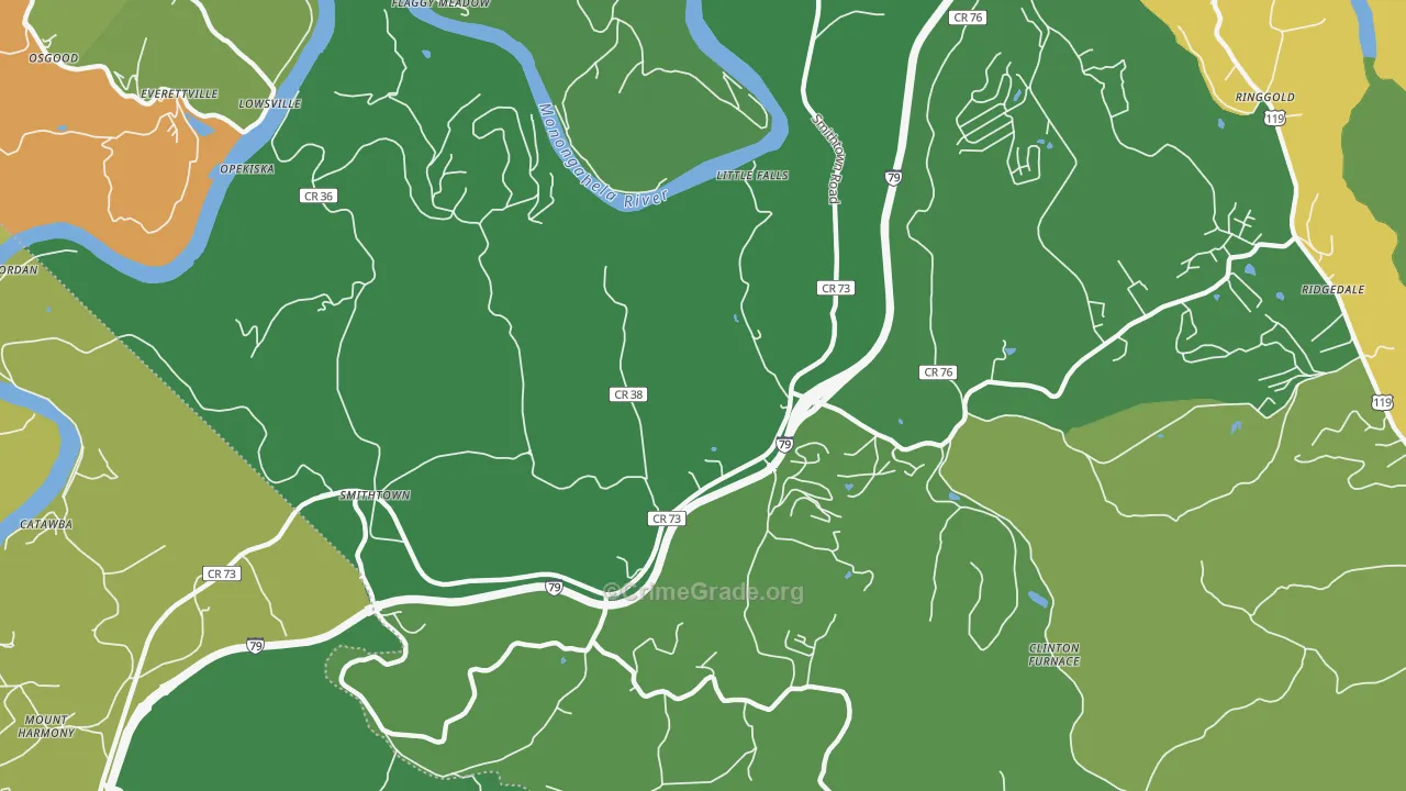 Opekiska, WV Map of Burglary Rates