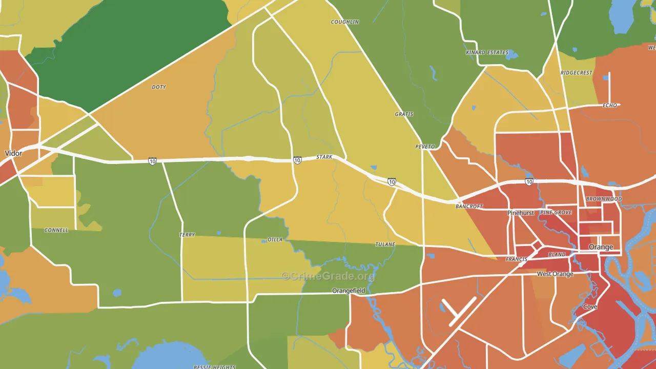 Orange County, TX Map of Burglary Rates