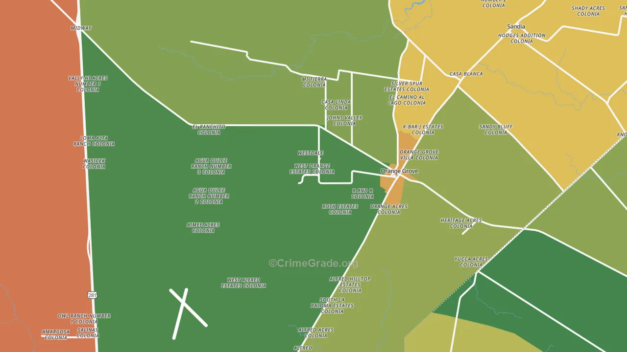 Orange Grove, TX Map of Burglary Rates