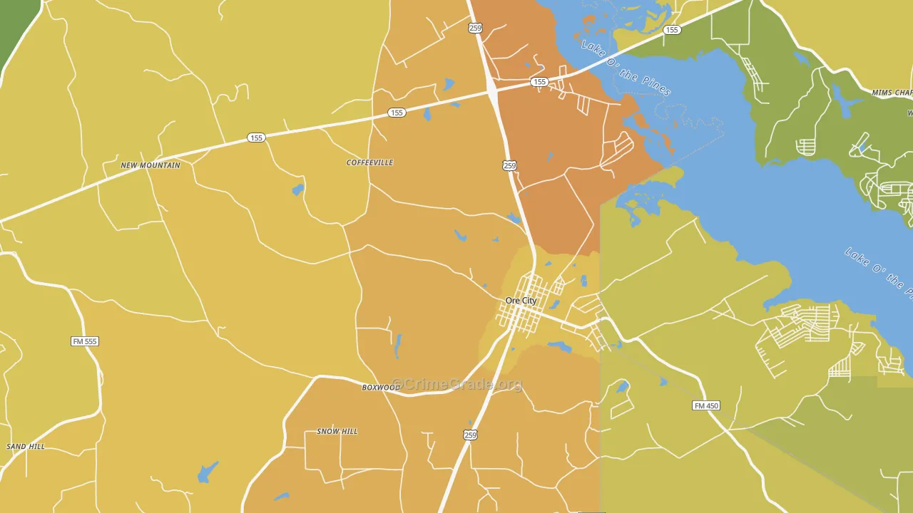 Ore City, TX Map of Burglary Rates