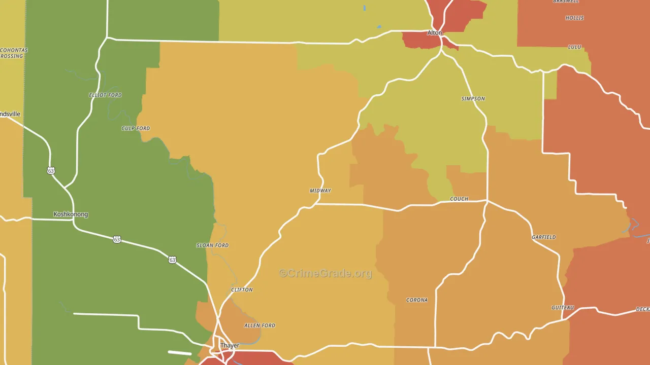 Oregon County, MO Map of Burglary Rates