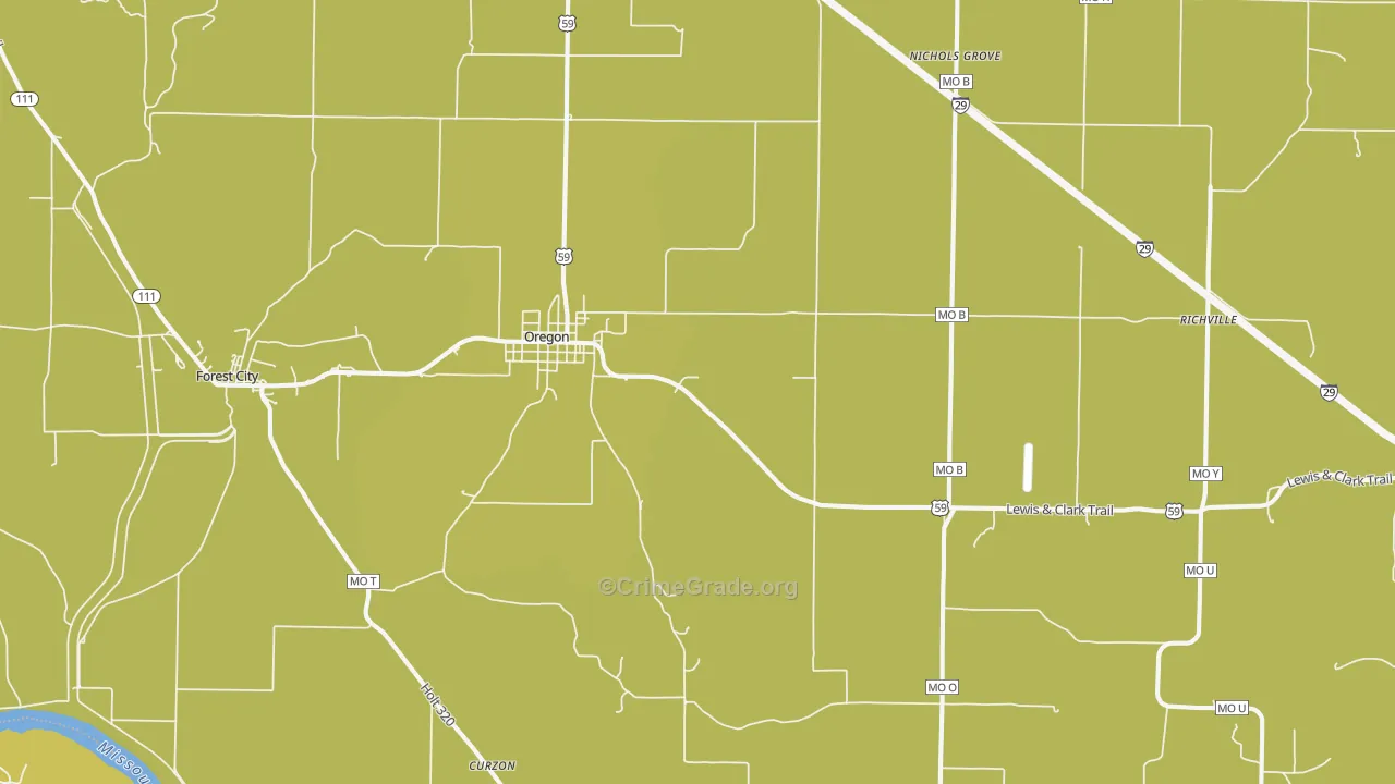 Oregon, MO Map of Burglary Rates