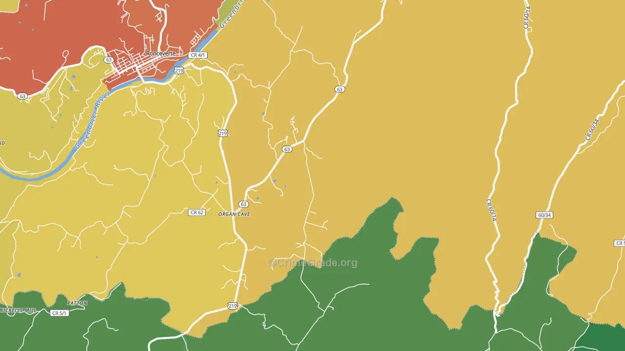 Organ Cave, WV Map of Burglary Rates