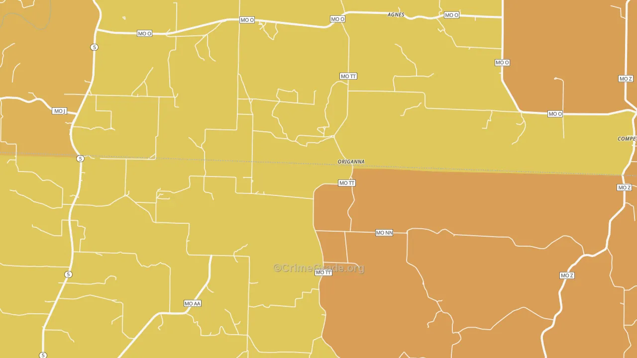 Origanna, MO Map of Burglary Rates