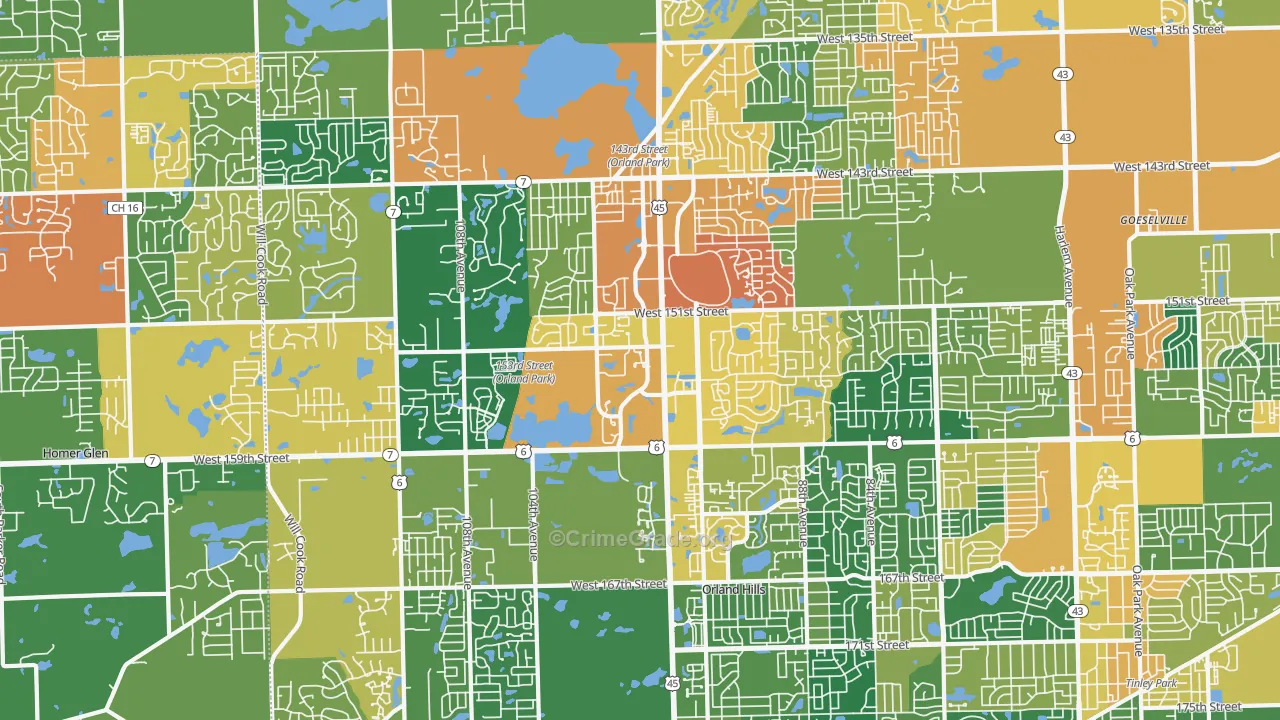 Orland Park, IL Map of Burglary Rates