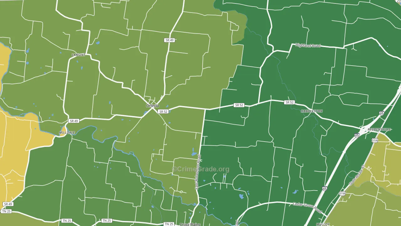Orlinda, TN Map of Burglary Rates