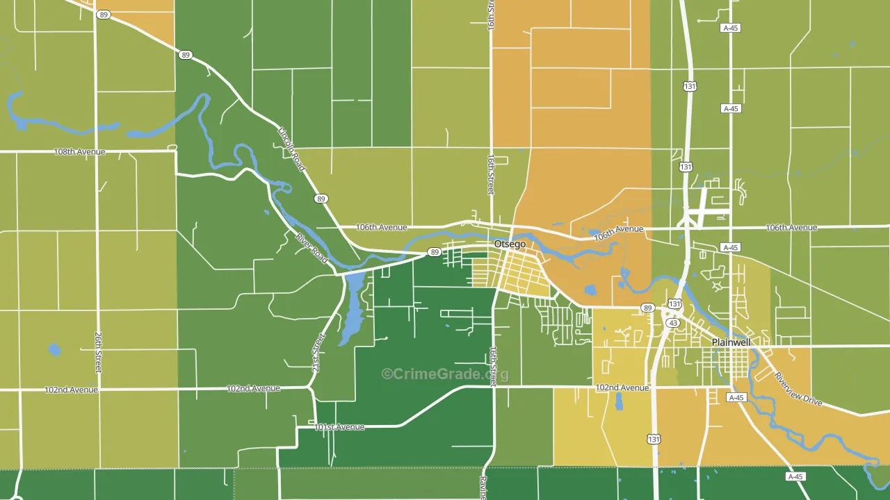 Otsego, MI Map of Burglary Rates