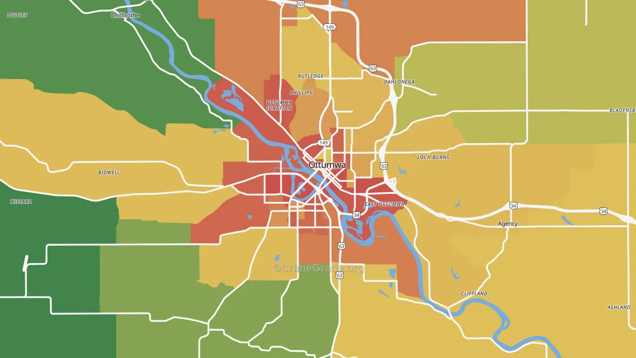 Ottumwa, IA Map of Burglary Rates