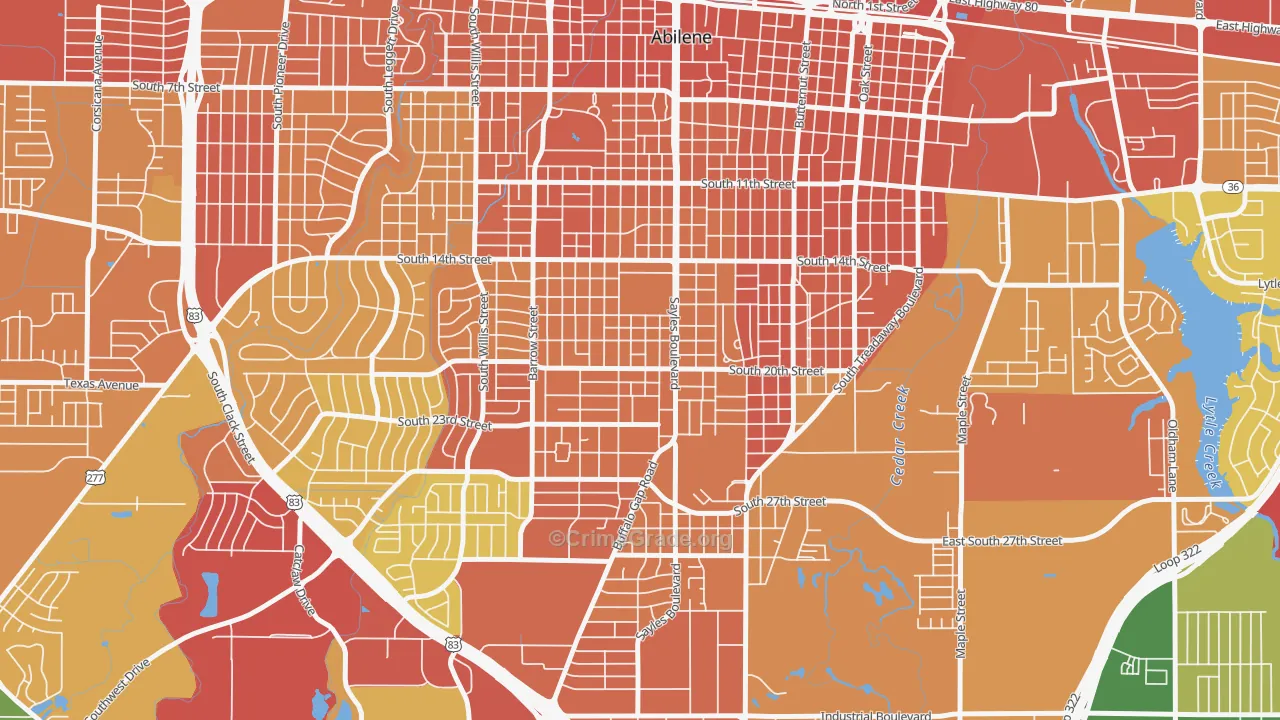 Over Place Area, Abilene, TX Map of Burglary Rates