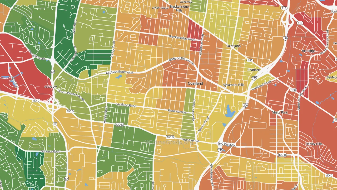 Overland, MO Map of Burglary Rates