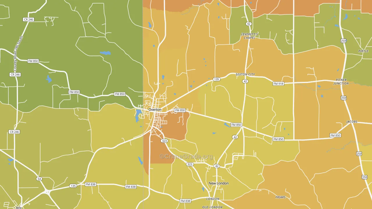 Overton, TX Map of Burglary Rates