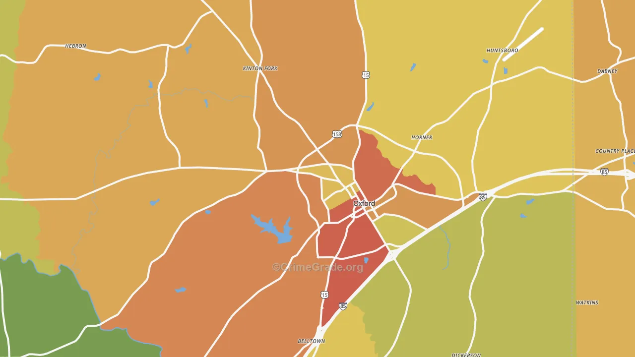 Oxford, NC Map of Burglary Rates