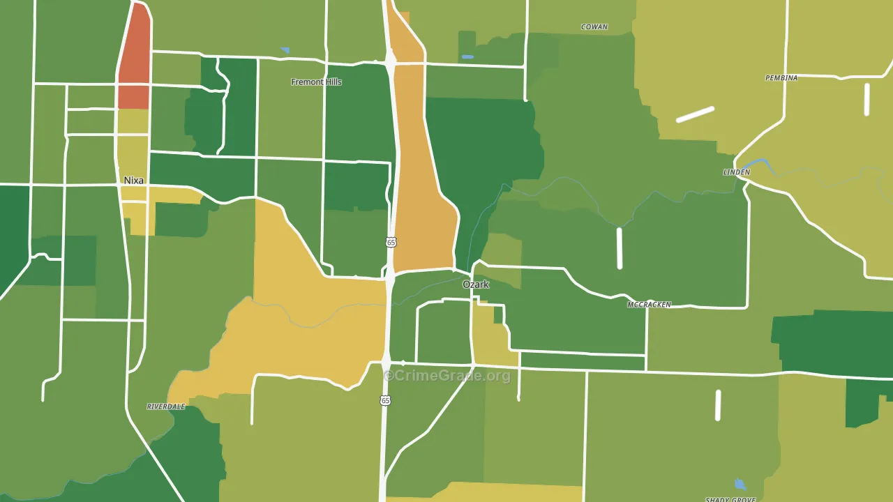 Ozark, MO Map of Burglary Rates