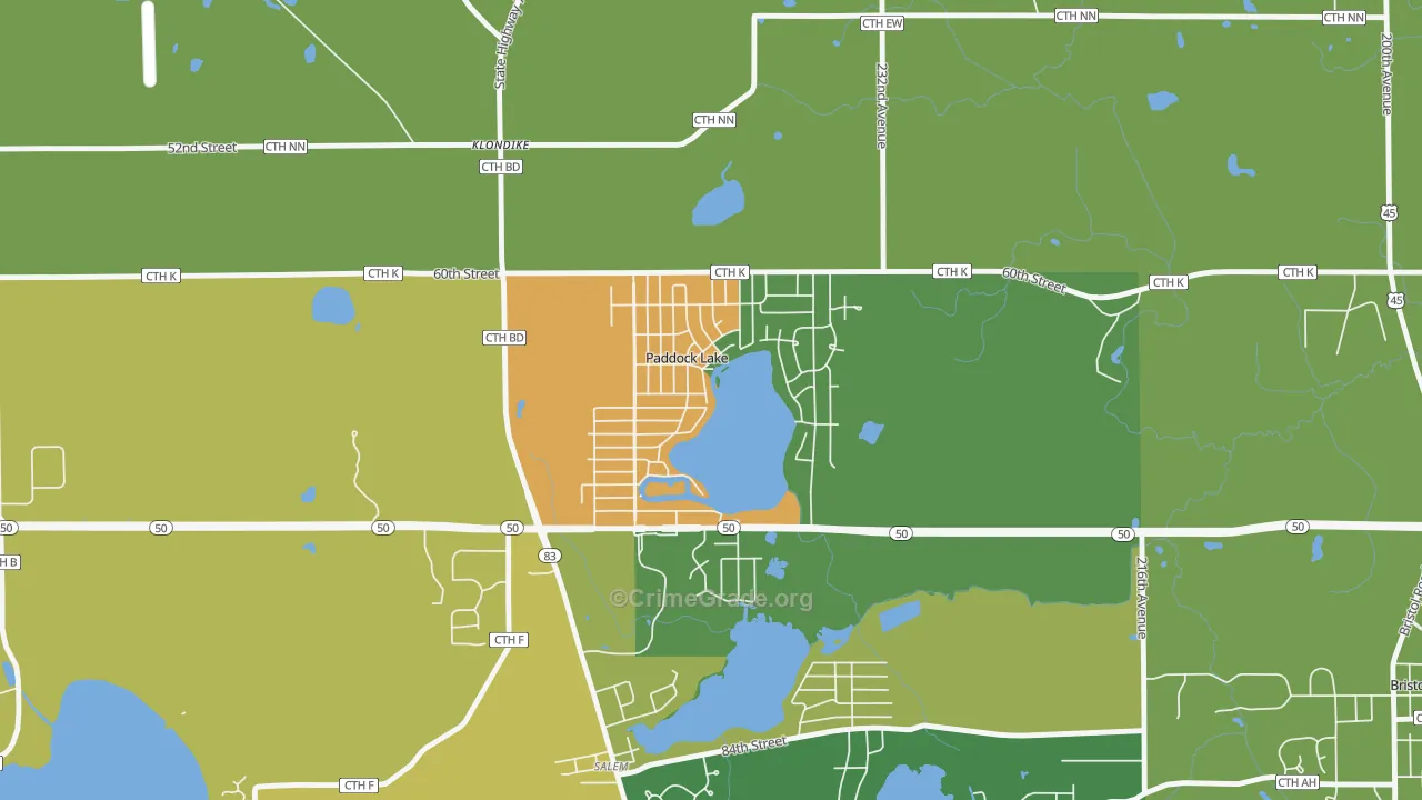 Paddock Lake, WI Map of Burglary Rates