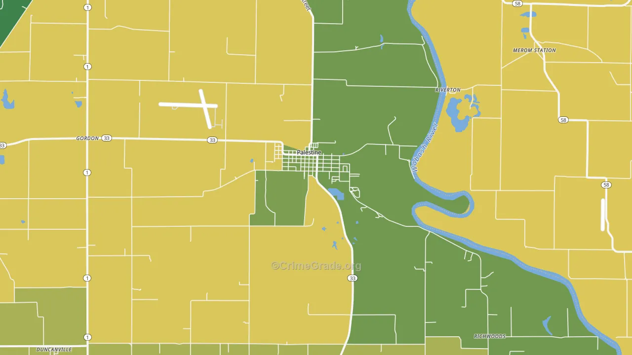 Palestine, IL Map of Burglary Rates