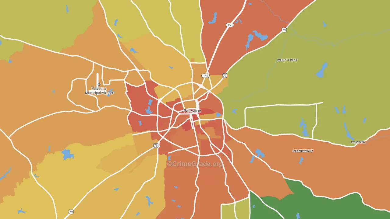 Palestine, TX Map of Burglary Rates