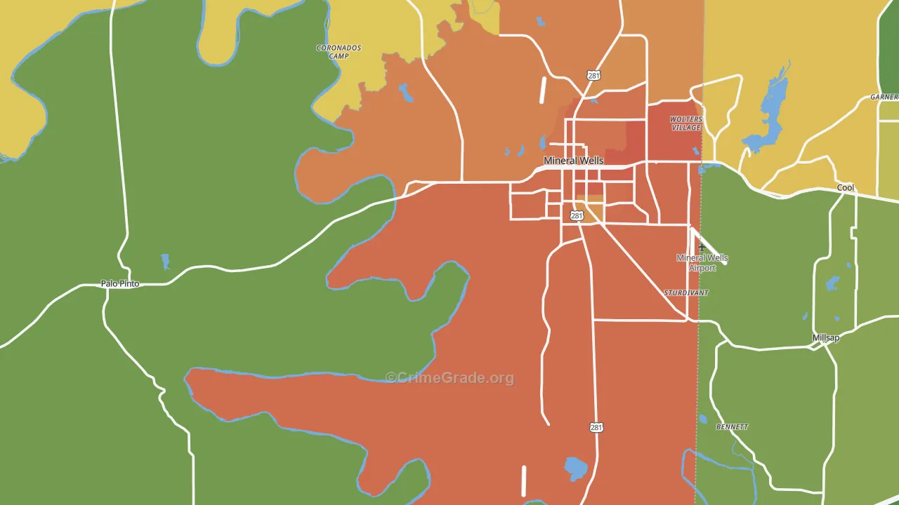 Palo Pinto County, TX Map of Burglary Rates