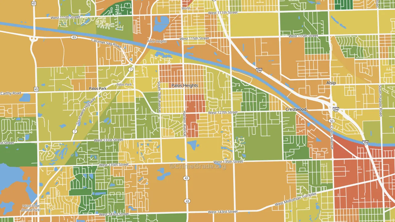 Palos Heights, IL Map of Burglary Rates