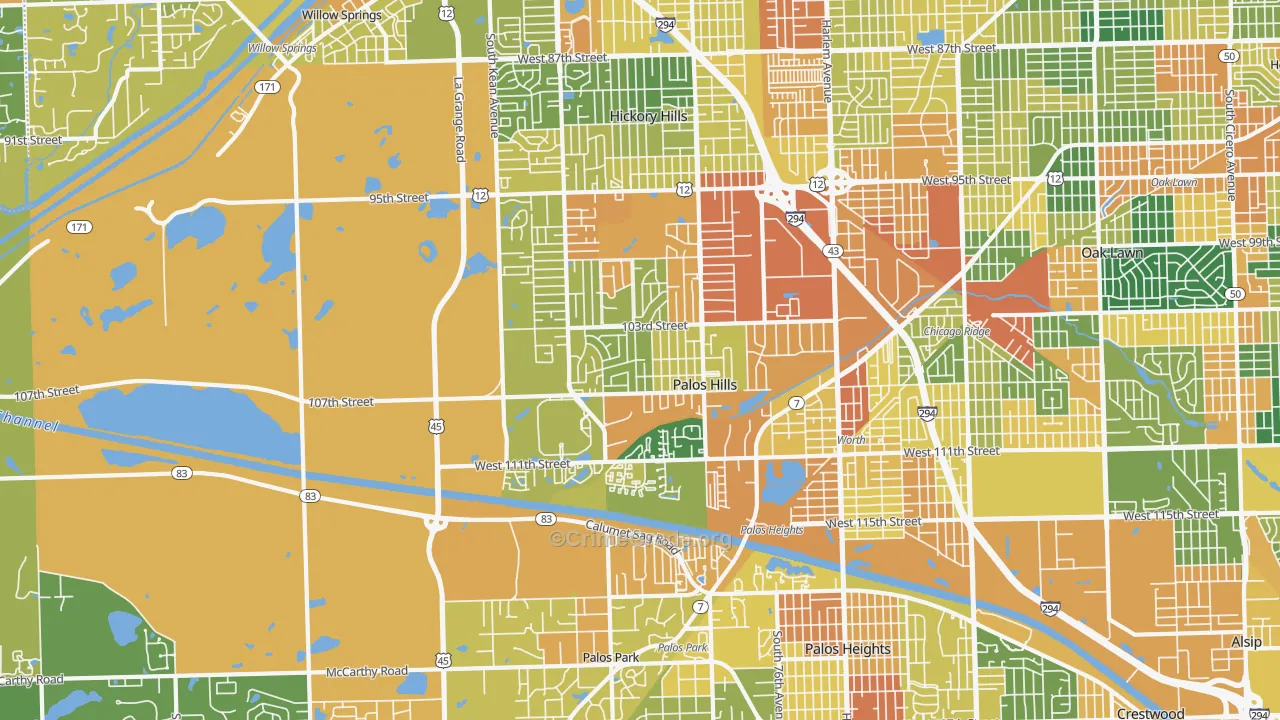 Palos Hills, IL Map of Burglary Rates