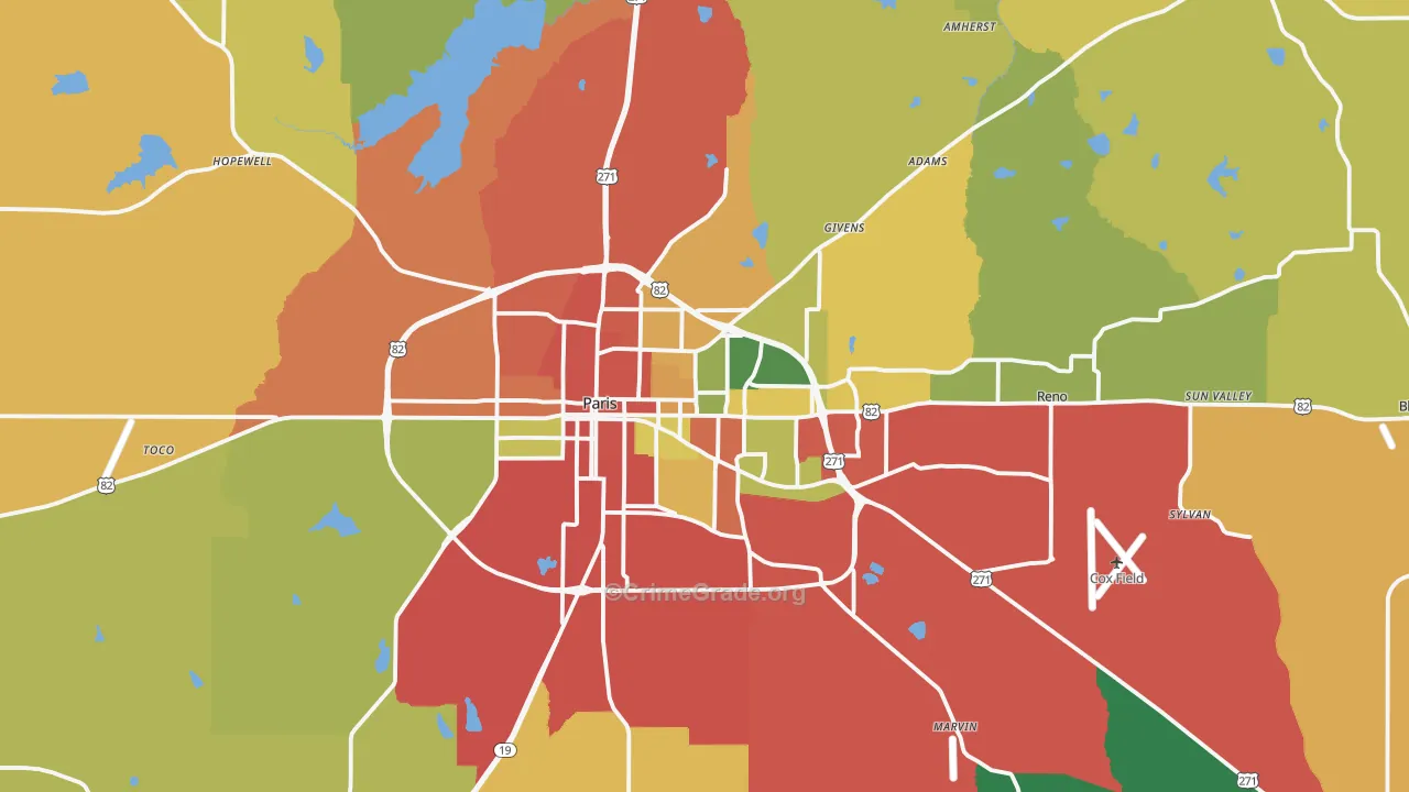 Paris, TX Map of Burglary Rates