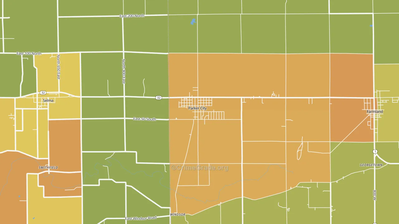 Parker City, IN Map of Burglary Rates