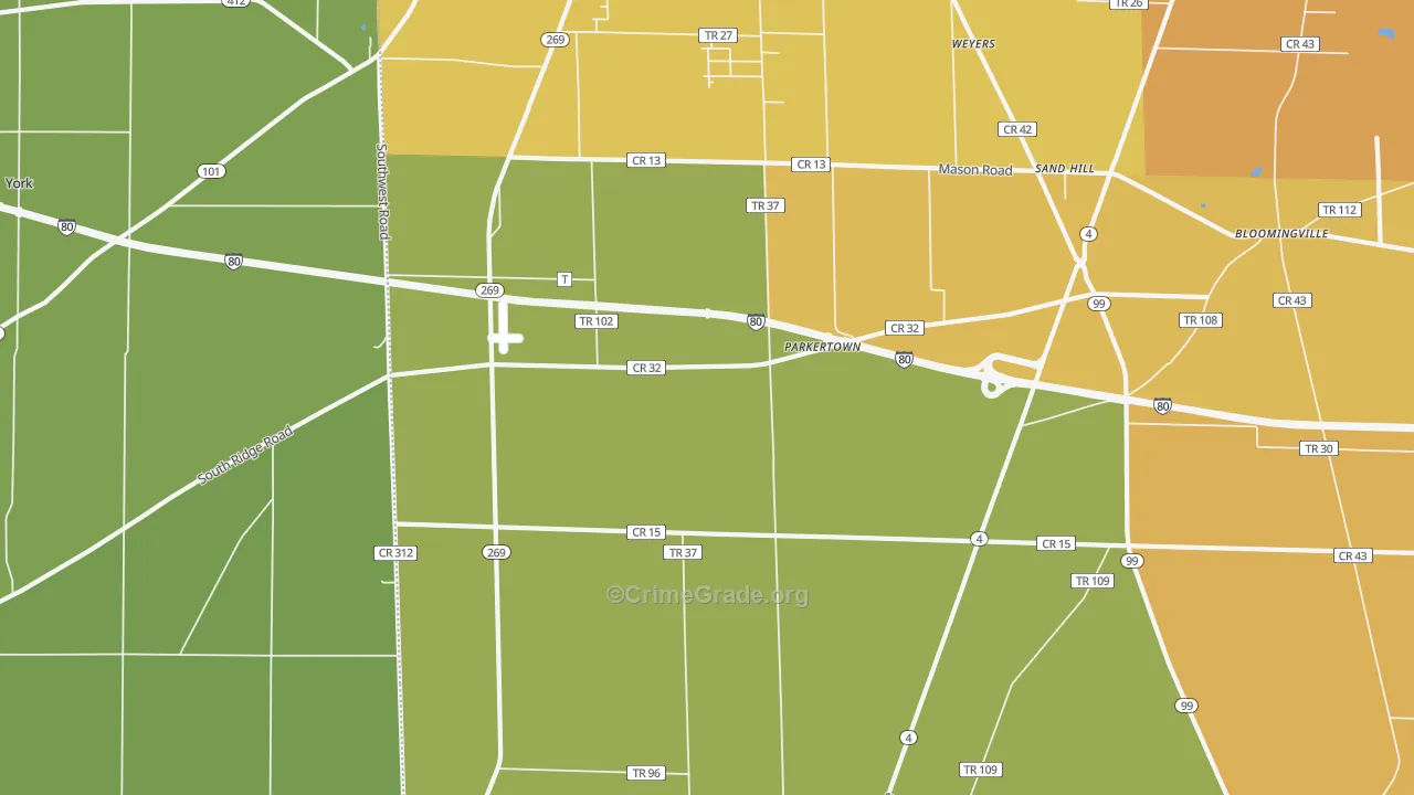Parkertown, OH Map of Burglary Rates
