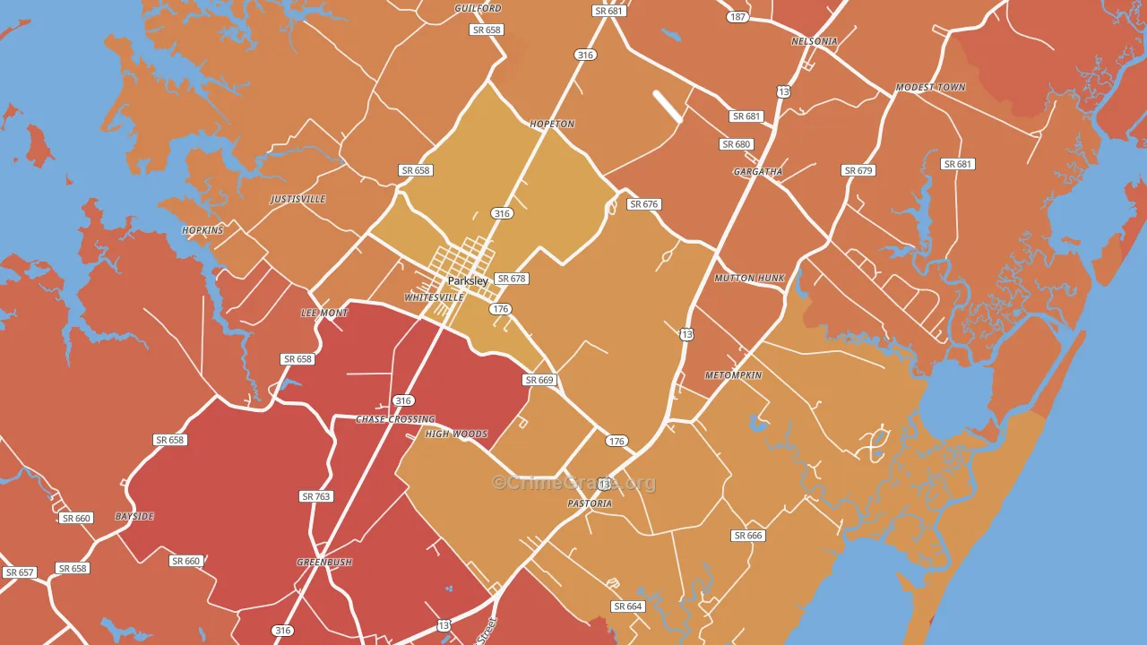 Parksley, VA Map of Burglary Rates