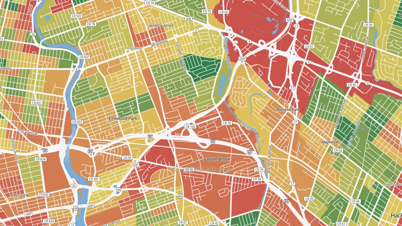 Passaic Junction, Saddle Brook, NJ Map of Burglary Rates