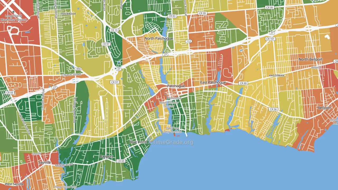 Patchogue, NY Map of Burglary Rates