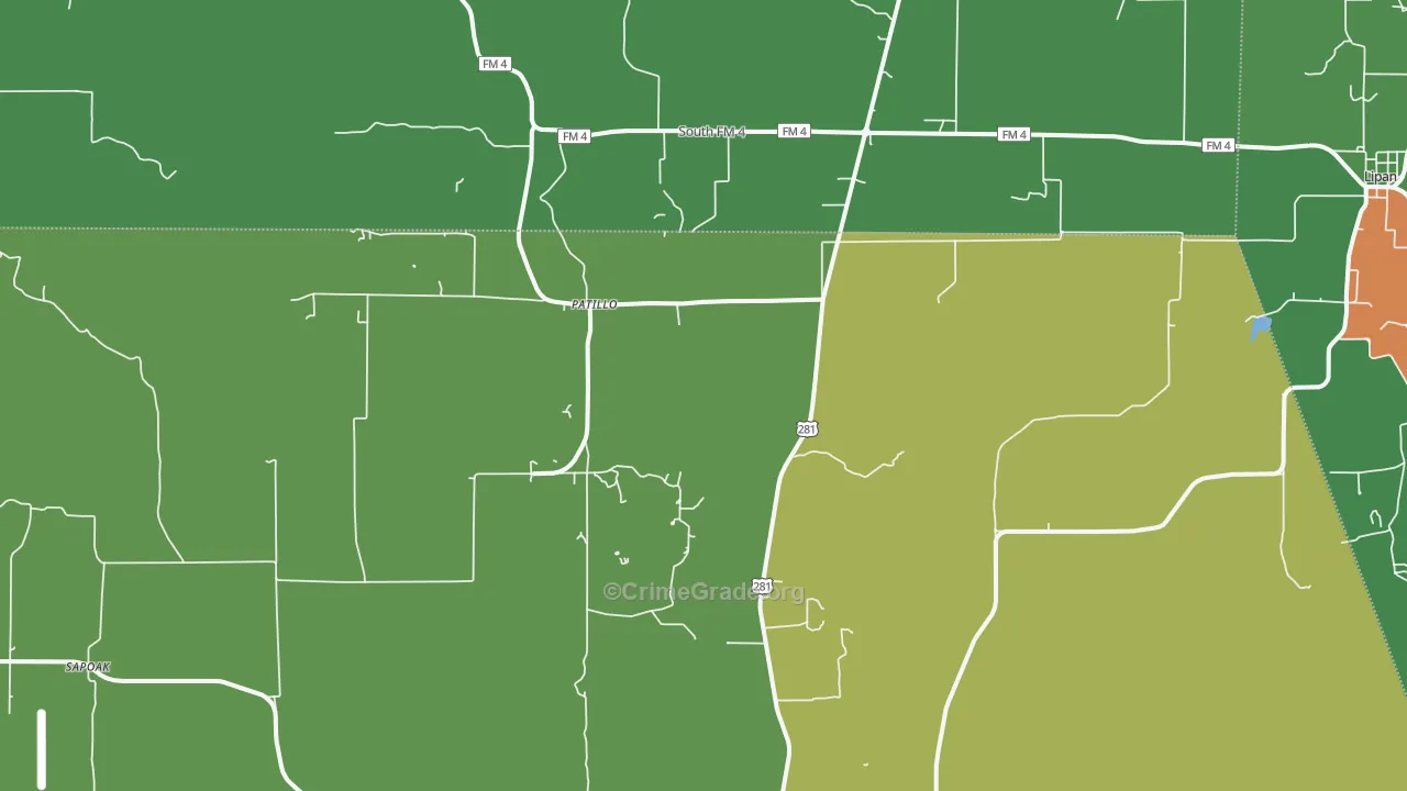 Patillo, TX Map of Burglary Rates