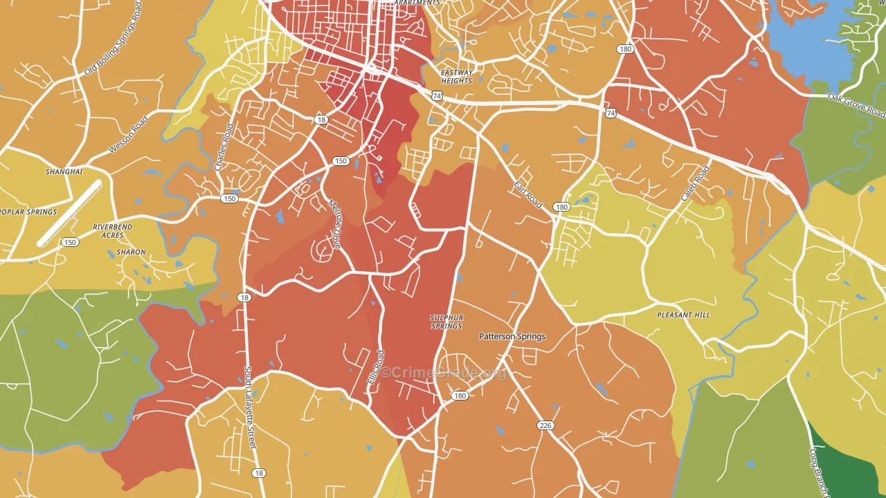 Patterson Springs, NC Map of Burglary Rates
