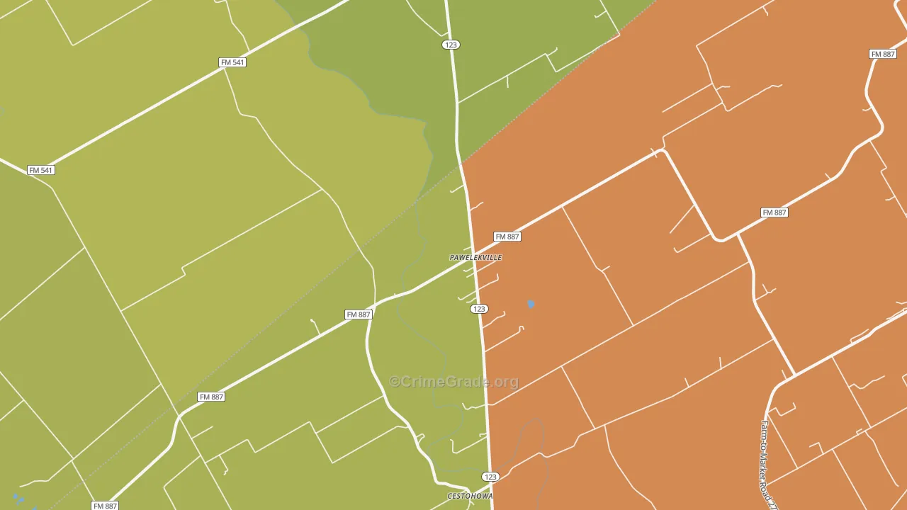Pawelekville, TX Map of Burglary Rates