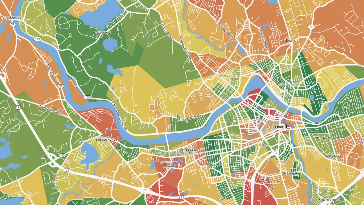 Pawtucketville, Lowell, MA Map of Burglary Rates