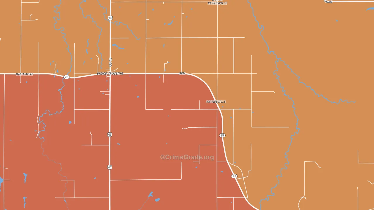 Paynesville, MI Map of Burglary Rates