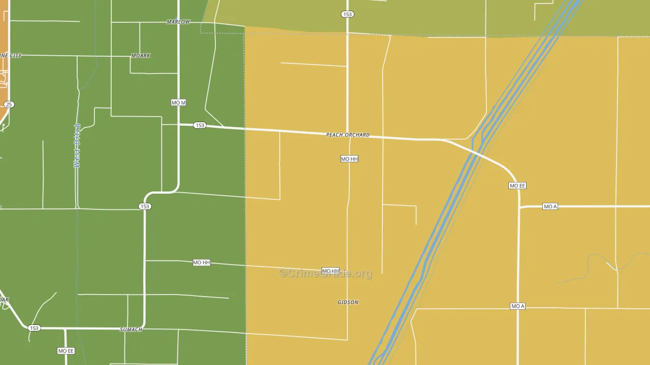 Peach Orchard, MO Map of Burglary Rates