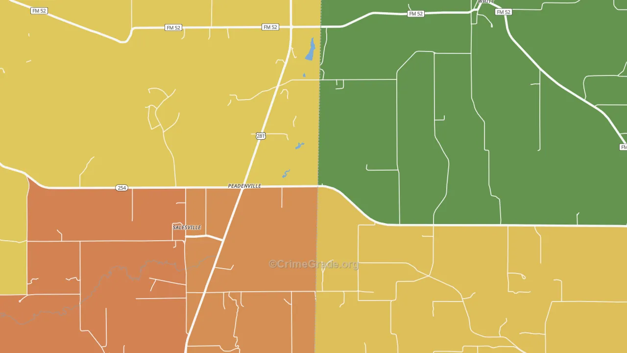 Peadenville, TX Map of Burglary Rates